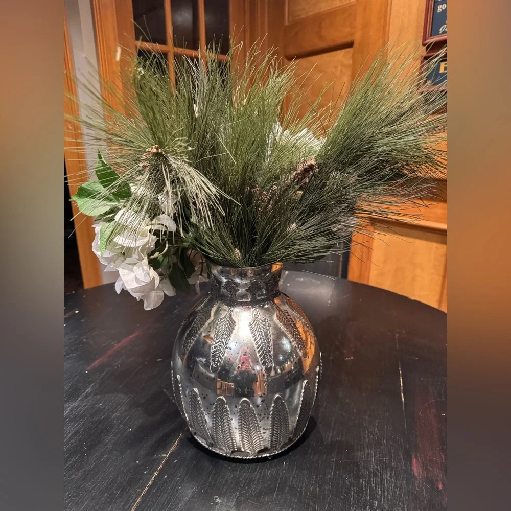 POTTERY BARN Floral arrangement in silver vase